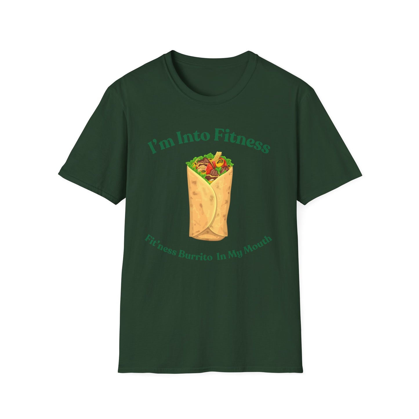 Funny Foodie Unisex Softstyle T-Shirt - "I’m Into Fitness" Burrito Design